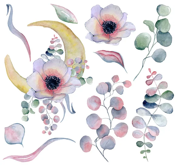 Flowers bouquet and moon phases watercolor  illustration