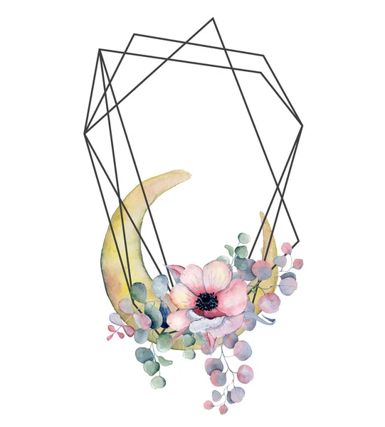 Marco geométrico de diseño botánico. Lunas, flores, hojas y hierbas de arte salvaje . — Foto de Stock