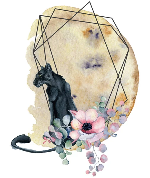 Geometric botanical design frame. Wild panther, moons, flowers, leaves and herbs.