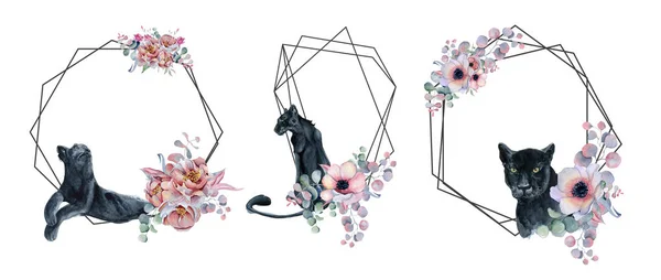 Geometrik botanik tasarım çerçeve. Vahşi panter, çiçek, yaprak ve otlar. — Stok fotoğraf