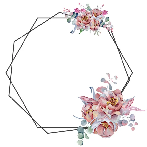 Geometriai botanikai tervezési keret. Vadvirágok, pünkösdi rózsa, anemone, levelek és gyógynövények. — Stock Fotó