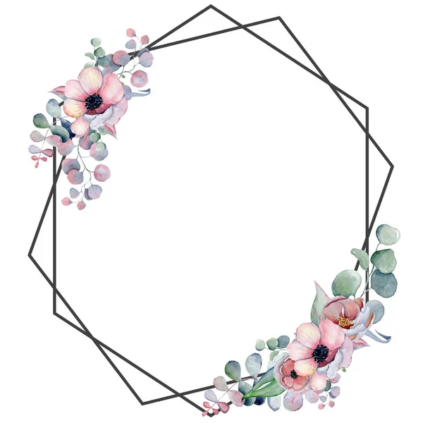 Geometrisch botanische ontwerp frame. Wilde bloemen, pioenrozen, anemone, bladeren en kruiden. — Stockfoto