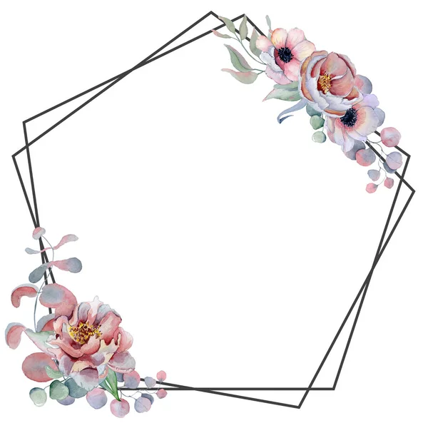 几何植物学设计框架。野花, 牡丹, 海葵, 树叶和草药. — 图库照片