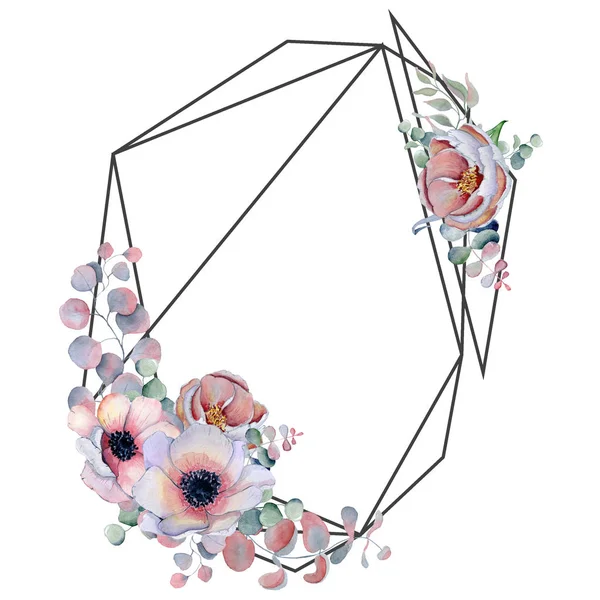 Геометрическая ботаническая рамка. Дикие цветы, пионы, анемон, листья и травы . — стоковое фото