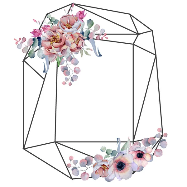 Geometriska botaniska design ram. Vilda blommor, pioner, anemone, blad och örter. — Stockfoto