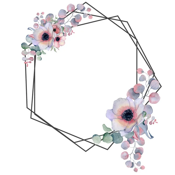 Geometrischer botanischer Designrahmen. Wildblumen, Pfingstrosen, Anemonen, Blätter und Kräuter. — Stockfoto