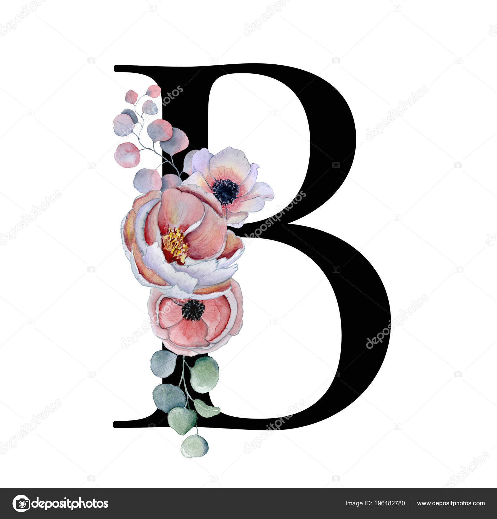 Floral Watercolor Alphabet Monogram Initial Letter B Design With Hand Drawn Peony And Anemone Flower And Black Panther Stock Photo By C Nereia 196482780