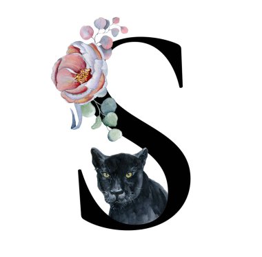  Çiçek suluboya alfabe. Şakayık ve anemon çiçeği ve Kara Panter Monogram ilk harfini S tasarım el ile çizilmiş 