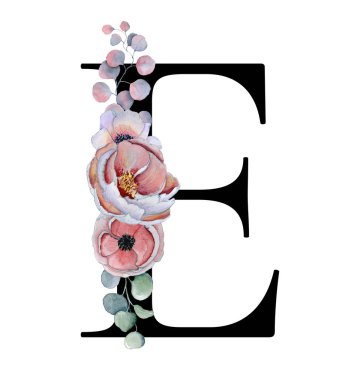 Çiçek suluboya alfabe. Şakayık ve anemon çiçeği ve Kara Panter Monogram ilk harf E tasarım el ile çizilmiş