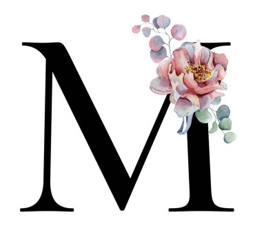  Çiçek suluboya alfabe. Şakayık ve anemon çiçeği ve Kara Panter Monogram ilk harf M design el ile çizilmiş