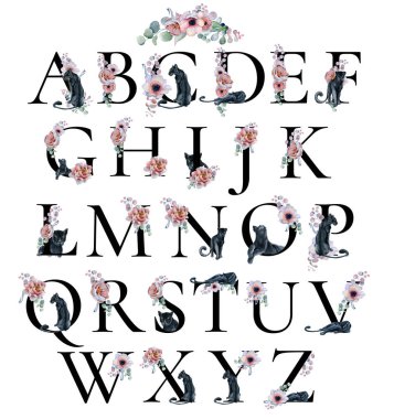 Suluboya alfabesi peonies anemon çiçekleri ve siyah Panterler ile. Romantik çiçek yazı tipi. Monogram Tasarım