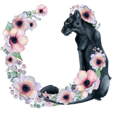 Kara Panter ile suluboya çiçek çelenk 