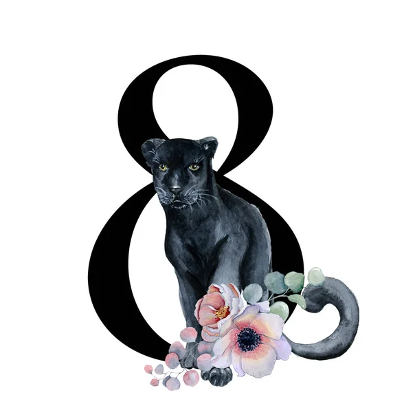 Акварельные номера с цветами и черными пантерами. 8 номер для свадебных приглашений и открытки — стоковое фото