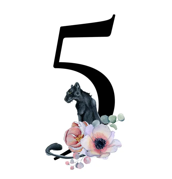 Numéros aquarelle avec fleurs et panthères noires. 5 numéro pour les invitations de mariage et carte — Photo