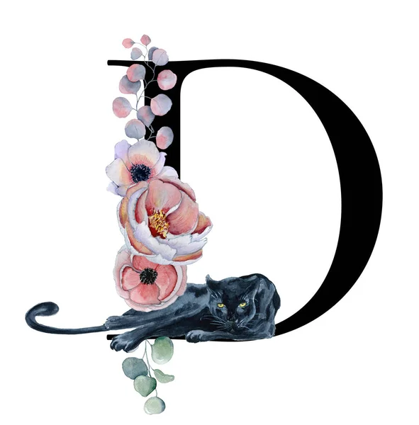 Alfabet floral de acuarelă. Monogramă litera inițială D design cu bujor desenat manual și floare anemonă și panteră neagră — Fotografie, imagine de stoc