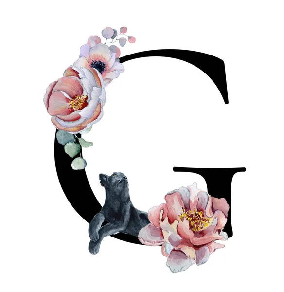 Alfabeto aquarela floral. Monograma letra inicial G design com peônia desenhada à mão e flor de anêmona e pantera preta — Fotografia de Stock