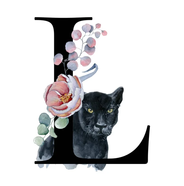 Floral ακουαρέλα αλφάβητο. Μονόγραμμα αρχικό γράμμα L σχεδιασμό με το χέρι που παιωνία και Ανεμώνη λουλούδι και μαύρο πάνθηρα — Φωτογραφία Αρχείου