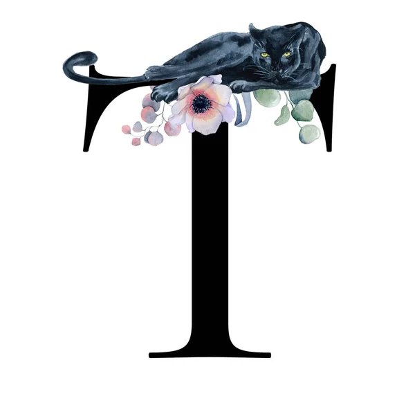 Alfabeto aquarela floral. Monograma letra inicial T design com peônia desenhada à mão e flor de anêmona e pantera preta — Fotografia de Stock