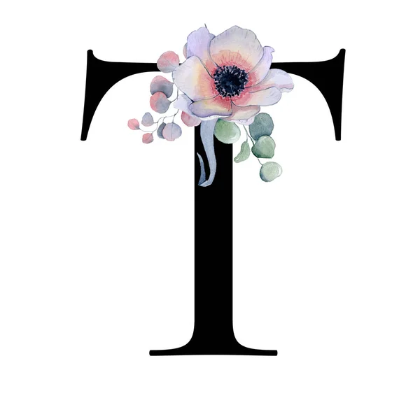 Blommig akvarell alfabetet. Monogram begynnelsebokstav T design med hand dras pion och anemone blomma och Svart panter — Stockfoto