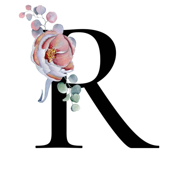 Alfabeto aquarela floral. Monograma letra inicial R design com peônia desenhada à mão e flor de anêmona e pantera preta — Fotografia de Stock