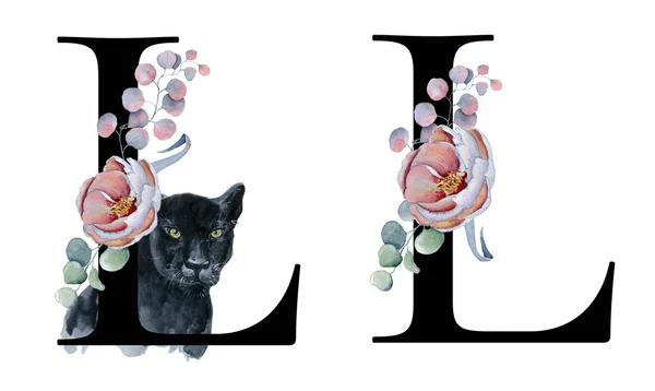 Alfabet floral de acuarelă. Monograma inițială de design litterL cu bujor desenat manual și floare anemonă și panteră neagră — Fotografie, imagine de stoc