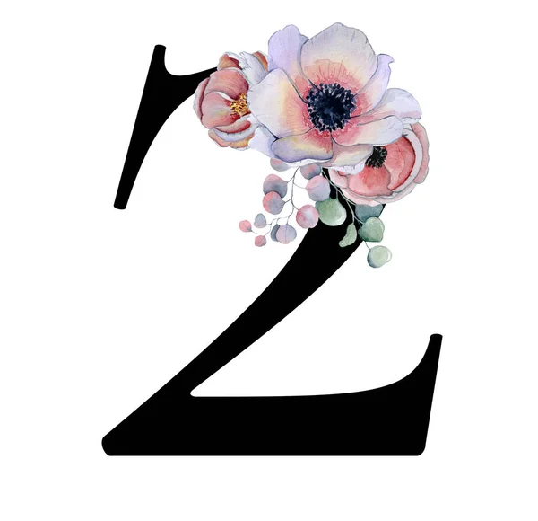 Ακουαρέλα αριθμούς με άνθη και μαύρους πάνθηρες. 2 αριθμός για προσκλητήρια γάμου και κάρτα — Φωτογραφία Αρχείου