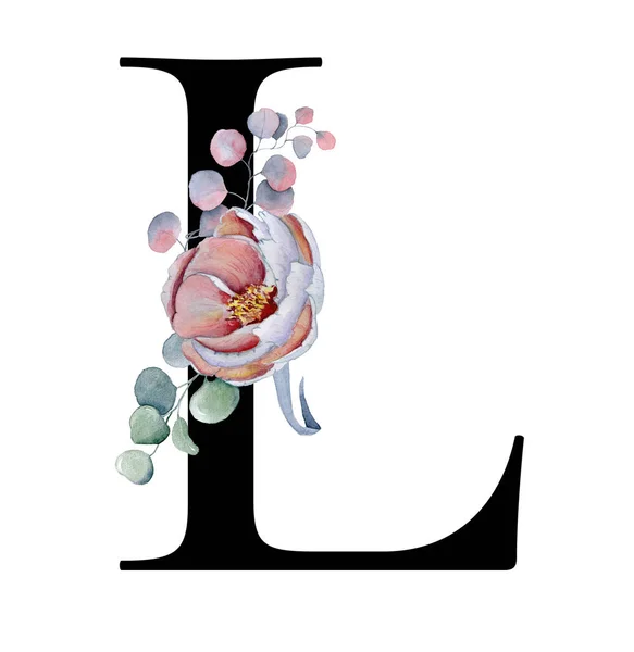 Floral watercolor alphabet. Monogram initial letter L design with hand drawn peony and anemone flower  and black panther — Stock Photo, Image