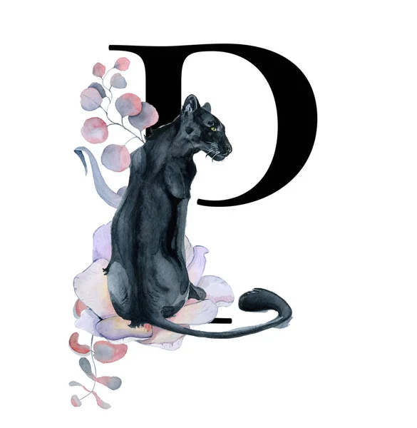 Floral aquarel alfabet. Monogram eerste letter P ontwerp met hand getrokken peony en anemone bloem en black panther — Stockfoto