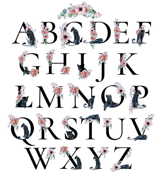 Акварельный алфавит с пионами анемонные цветы и черные пантеры. Романтический цветочный шрифт. Монограмма
