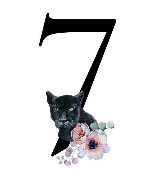 Akvarell számok a virágok és a fekete párducok. 7 szám, esküvői meghívók és a kártya — Stock Fotó