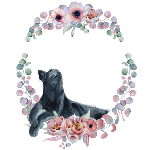 Akvarell Blommor Kransar Med Black Panther Hand Dras Illustration — Stockfoto