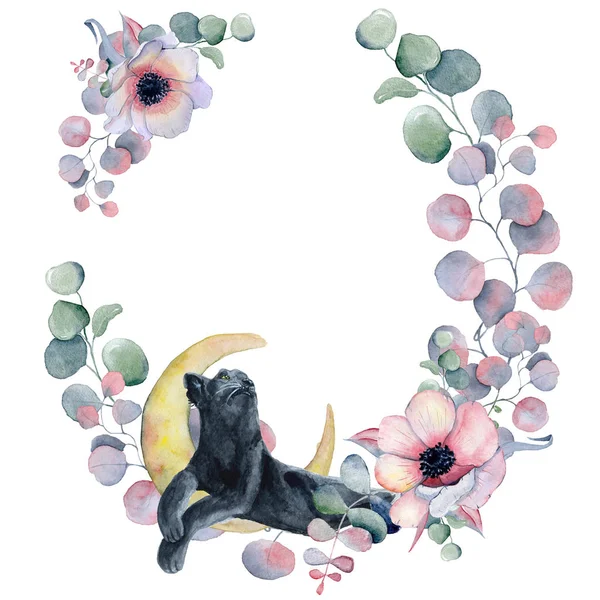 Watercolor floral wreaths with black panther — Stock Photo, Image