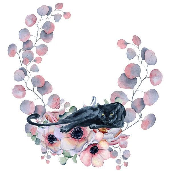 Kara Panter ile suluboya çiçek çelenk — Stok fotoğraf