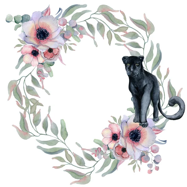 Akvarell blommor kransar med black panther — Stockfoto