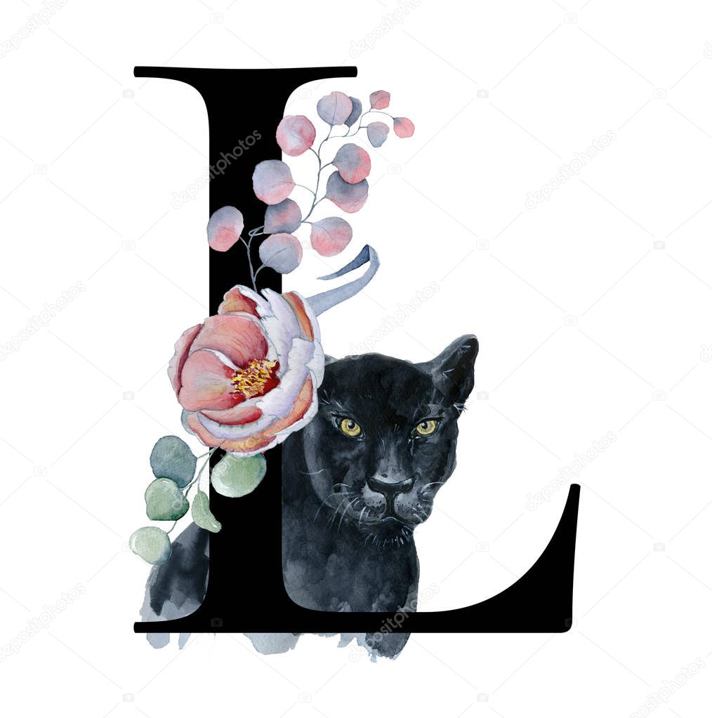 Floral watercolor alphabet. Monogram initial letter L design with hand drawn peony and anemone flower  and black panther for wedding invitation, cards, logos