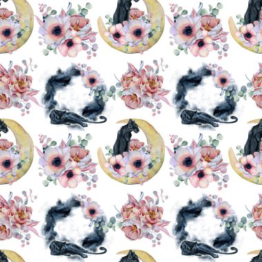 Aylar, Panterler ve çiçek buketleri ile sulu boya Dikişsiz desen