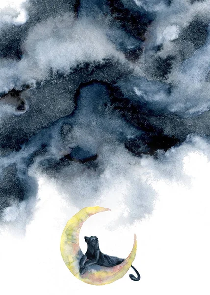 Schwarzer Panther mit Mond und Aquarell-Spritzern und Hintergrund — Stockfoto