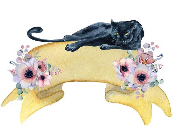 Aquarel lint met black panther, bloemen boeketten Hand getekende banner — Stockfoto