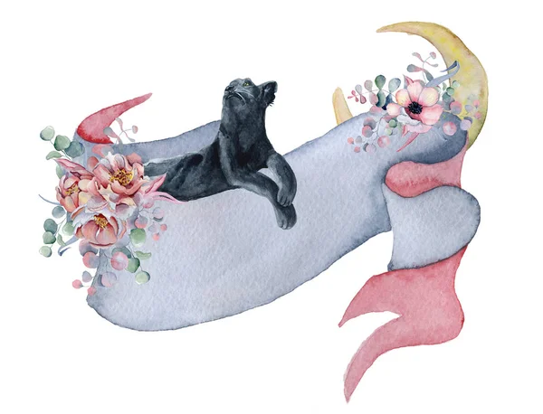 Cinta de acuarela con pantera negra, ramos florales y luna Banner dibujado a mano — Foto de Stock