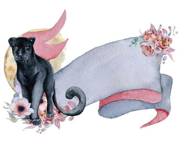 Watercolor ribbon with black panther, floral bouquets and moon Hand drawn banner