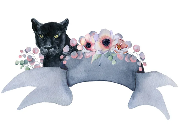 Fekete Párduc, virág csokrok kézzel rajzolt banner akvarell szalag — Stock Fotó