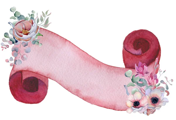 Ruban aquarelle avec bouquets floraux Bannière dessinée à la main — Photo