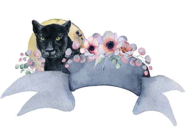 Ruban aquarelle avec panthère noire, bouquets floraux et lune Bannière dessinée à la main — Photo