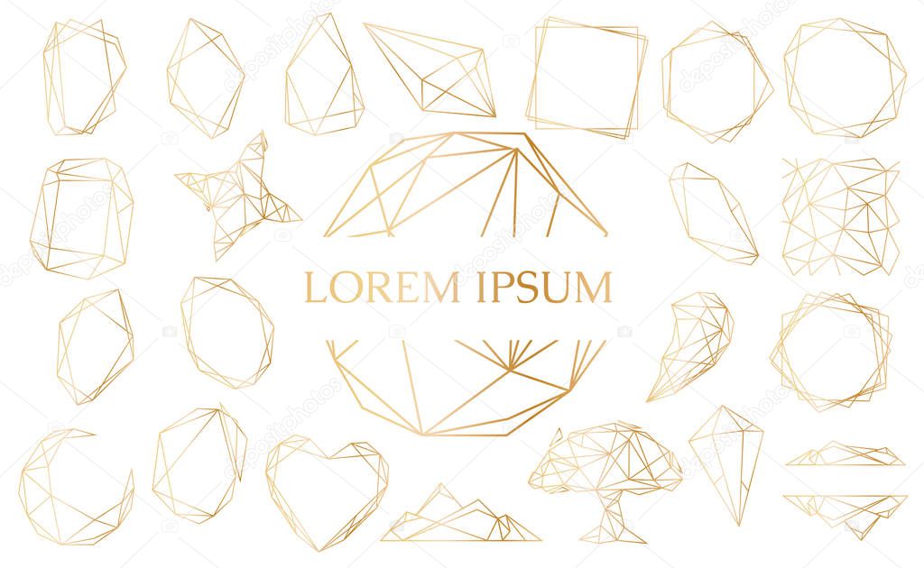 Gold set with geometrical polyhedron, art deco style for wedding invitation, luxury templates, decorative patterns. Modern abstract elements, vector illustration.