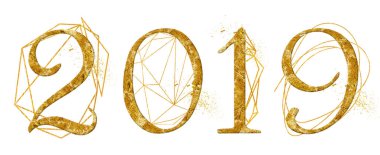 Yıl 2019 altın sayı tasarım altın geometrik şekil kristal sulu boya yeni yıl işareti ile 