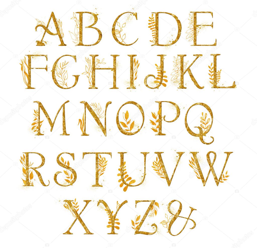 Golden alphabet with gold frolal design. Unique collection for wedding invites decoration other concept ideas.