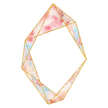 Yumuşak pastel pembe renklerde suluboya altın çerçeve. Çokgen şekli. Metniniz için yer