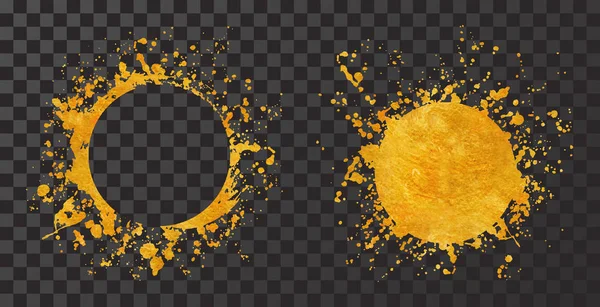 Splatter gold round frame backgrounds paints set with golden splash on black.