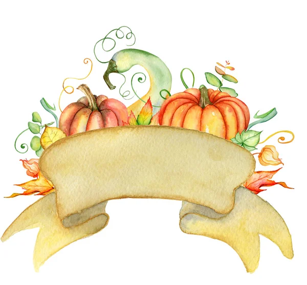 Watercolor pumpkin and autumn leaves. Harvest composition. Happy Thanksgiving day. Hand drawn illustration