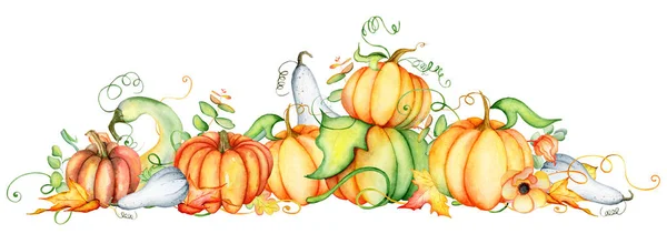 Aquarellkürbis und Herbstblätter. Erntezusammensetzung. Glücklicher Erntedanktag. Handgezeichnete Illustration — Stockfoto